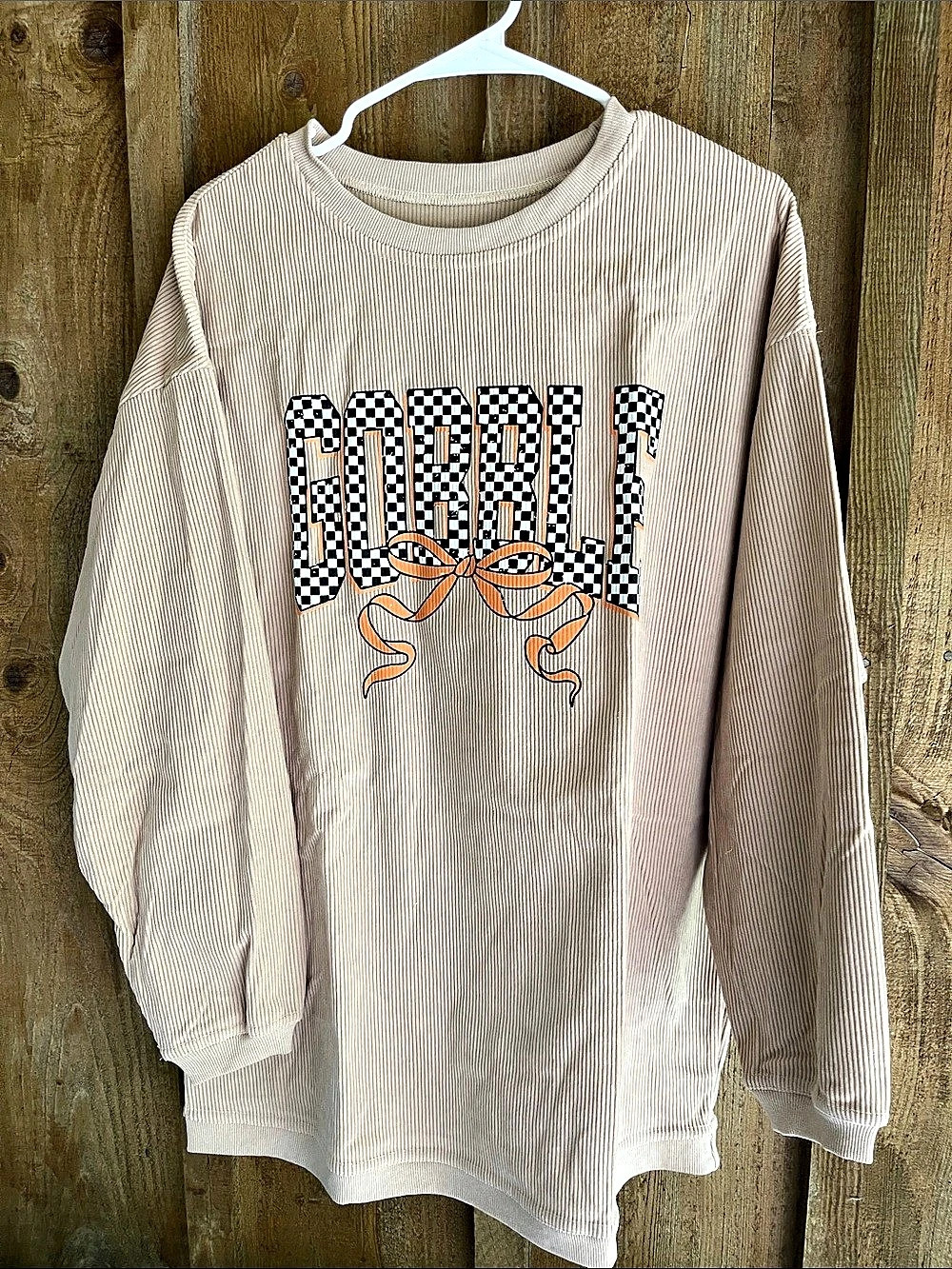 Twisted Ribbed Texture Checkered GOBBLE Bow Baggy Sweatshirt GOBBLE Bow